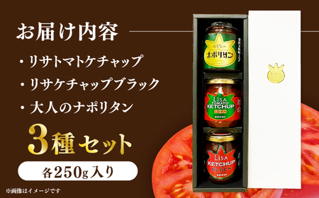 ケチャップセット3種 〈リサトマトケチャップ・リサケチャップブラック・大人のナポリタン〉各2本 / ケチャップ セット リサトマト トマト ナポリタン 調味料 とまと 高知【株式会社　堀】[ATDA0
