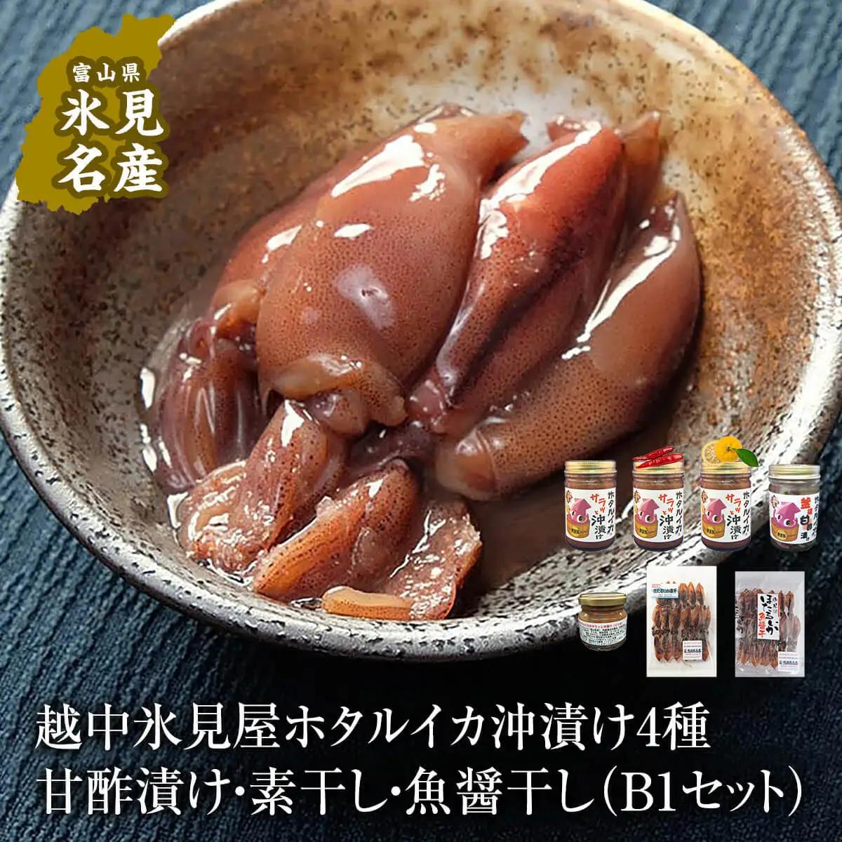 越中氷見屋　ホタルイカ沖漬け4種・甘酢漬け・素干し・魚醤干し（B1セット）　| ホタルイカ ほたるいか いか 珍味 沖漬け 醤油 柚子 味噌 辛 素干し 魚醤 甘酢 富山 富山湾 氷見 つまみ 酒の肴 瓶 冷凍 産地直送 無添加 特製 魚介 加工 詰め合わせ セット 
