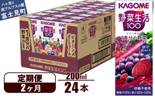 【 定期便 2ヶ月 】 カゴメ 野菜生活100 ベリーサラダ 200ml×24本 ジュース 野菜 果実ミックスジュース 果汁飲料 紙パック 砂糖不使用 1食分の野菜 鉄分 ポリフェノール ビタミンA 飲料類 ドリンク 野菜ドリンク 備蓄 長期保存 防災 飲みもの 長野県 富士見町
