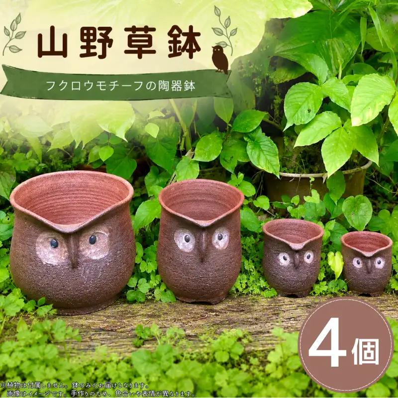 陶器 4セット 山野草鉢 フクロウモチーフ