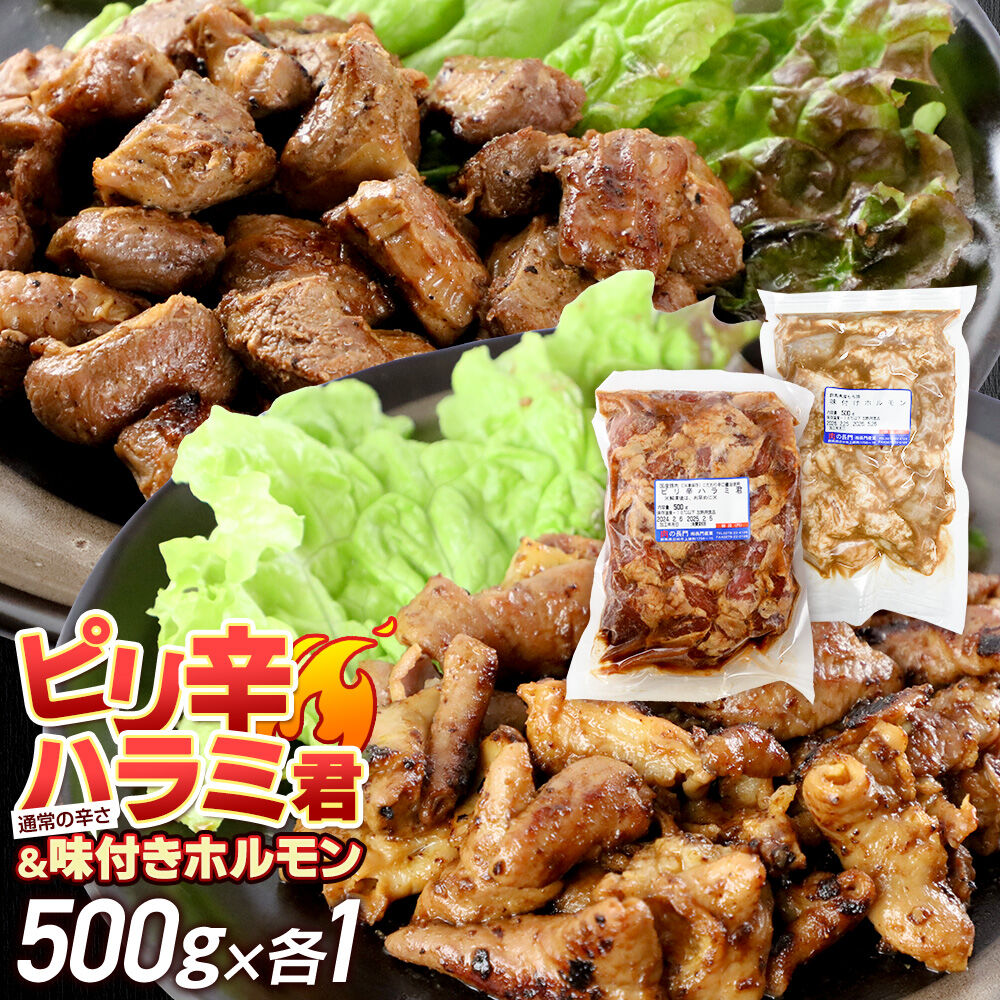 【ふるさと納税】群馬県産 ピリ辛ハラミ君＆もち豚味付ホルモンセット 約1.0kg（約500g×各1）豚肉 沼田市 特産品 肉の長門 [モチ もち ブタ ぶた 肉 ほるもん バラエティ 食べ比べ 味比べ]