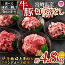 【ふるさと納税】＜【定期便】全3回連続隔月 宮崎牛切り落とし牛肉（カタ肉）豚肉（ウデ、モモ）総量約4.8kg＞国産 九州産 宮崎県産 牛肉 4等級 カタ肉 赤身 豚肉 ウデ モモ ブランドポーク ステーキ 焼肉 バーベキュー BBQ アウトドア小分け 個包装【MI413-nm】【ニクマル】