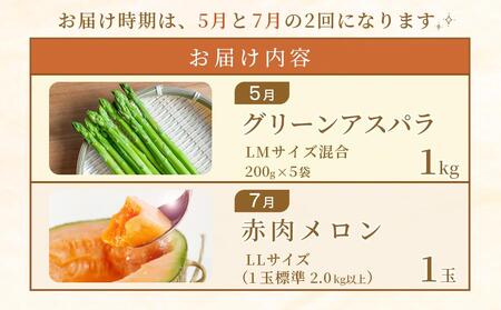 【先行予約】【定期便】旬の極味！『市場厳選』アスパラ・赤肉メロンセット 2回配送【セット 旭川産 メロン 赤肉 グリーンアスパラ アスパラガス フルーツ 野菜 旬 定期便 果物 旭川市 北海道ふるさと