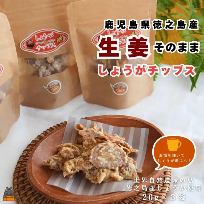 徳之島産生姜そのまま しょうがチップス（20g×3袋） （ しょうが 生姜 ショウガ 黒糖 黒砂糖 シークニン しょうが湯 生姜湯 ）