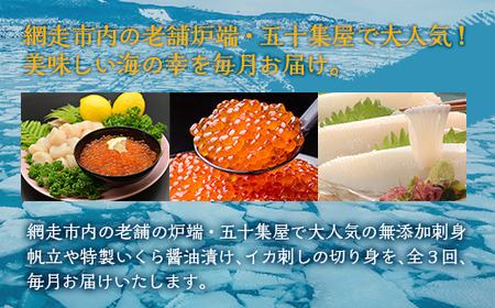 【毎月定期便】網走自慢の美味定期便(刺身帆立・いくら醤油漬け・イカ刺身)全3回 【 ふるさと納税 人気 おすすめ ランキング ホタテ ほたて 帆立 いくら イクラ いくら醤油漬 イクラ醤油漬 いか刺身