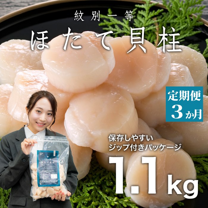 66-11 【定期便３か月】紋別一等～冷凍帆立貝柱1.1kg×1パック×３回
