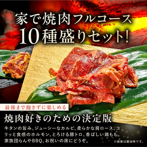 焼肉セット10種（醤油）【195010】味付け 醤油 簡単 2kg BBQ バーベキュー  牛タン 牛カルビ 牛ウデ 牛肩ロース 牛さがり 豚トロ ハンバーグ ホルモン 鶏もも 豚カルビ 小分け 冷凍