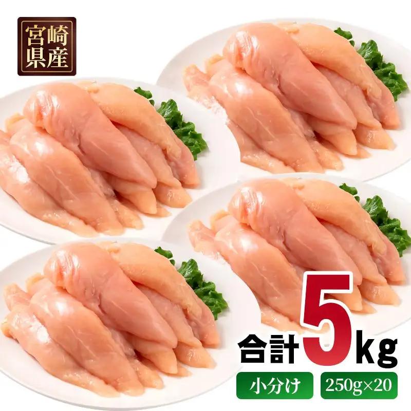 宮崎県産若鶏 筋なしささみ 5kg 小分け250ｇ×20パック＜70-16a＞