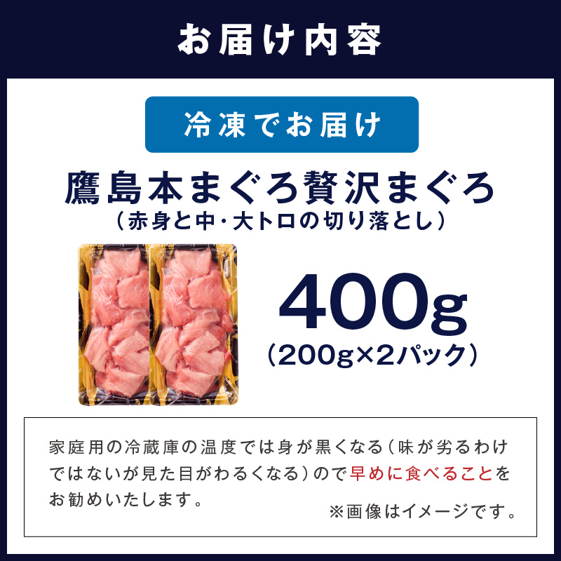 鷹島産本まぐろ 贅沢まぐろ たっぷり2人前(赤身と中・大トロの切り落とし200g)×2パック( まぐろ マグロ 鮪 大トロ 中トロ 赤身 本まぐろ 切り落とし 簡単解凍 )【B4-140】