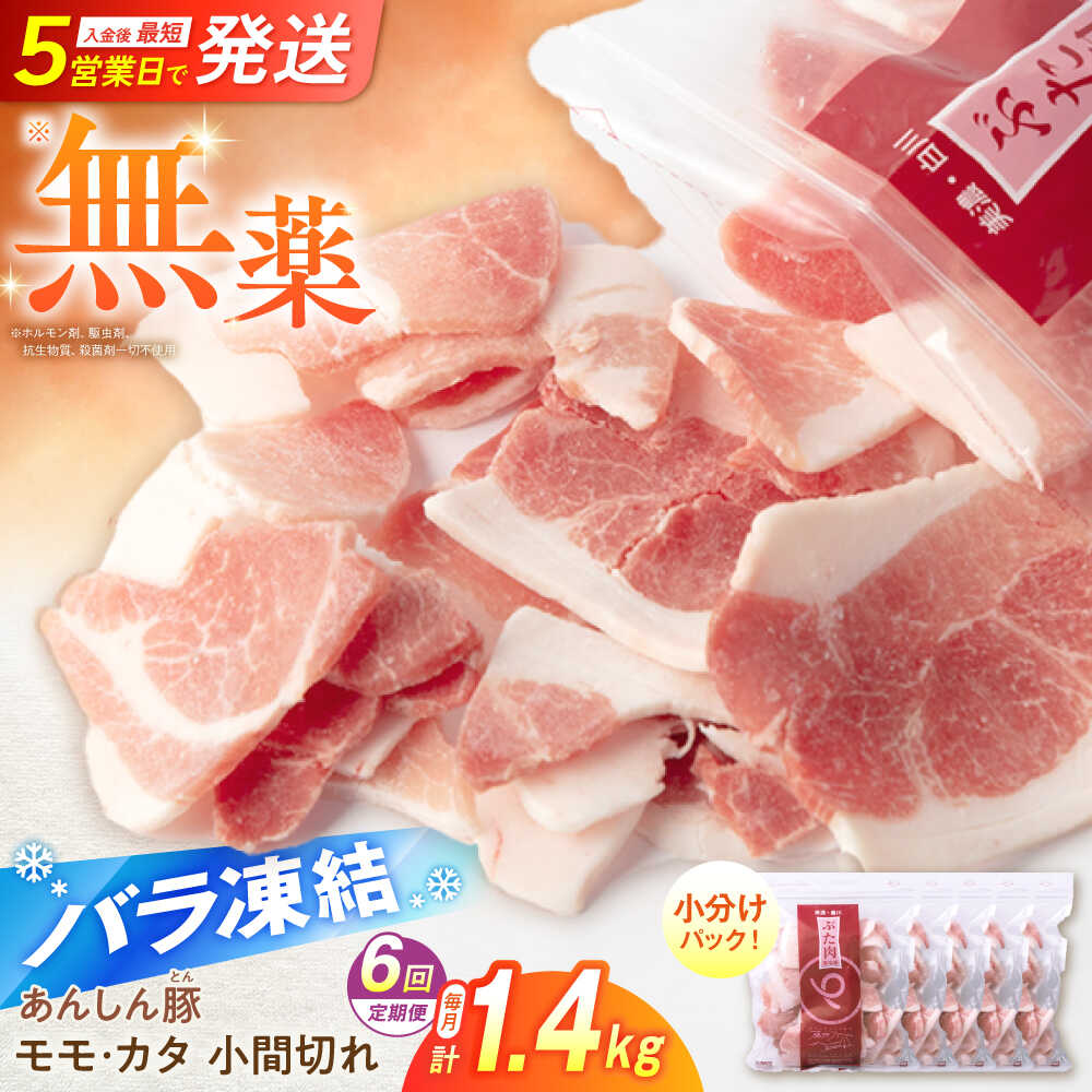 【ふるさと納税】【6回定期便】《バラ凍結》無薬育ちのあんしん豚 モモ・カタ 小間切れ 1.4kg （280g×5袋）豚肉 小分け 豚こま 定期便 無薬育ち ブランド豚 大容量 冷凍 豚コマ 豚こまぎれ ぶた肉 豚こま切れ カレー 切り落とし 国産 白川町 / 藤井ファーム[AWAF031]