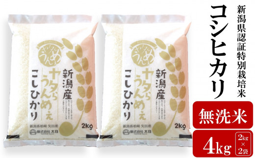 先行予約【令和8年産新米】コシヒカリ 無洗米 4kg（2kg×2袋）ヤタらうんめぇ お米 新潟県産 小分け 水田環境鑑定士在籍[Y0199]