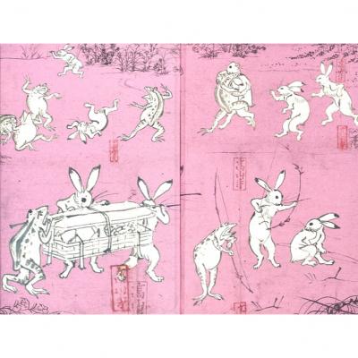 ふるさと納税 京都市 【芸艸堂】和綴じ製本の御朱印帳(鳥獣戯画・兎)&amp;てぬぐい(白地に赤千鳥)