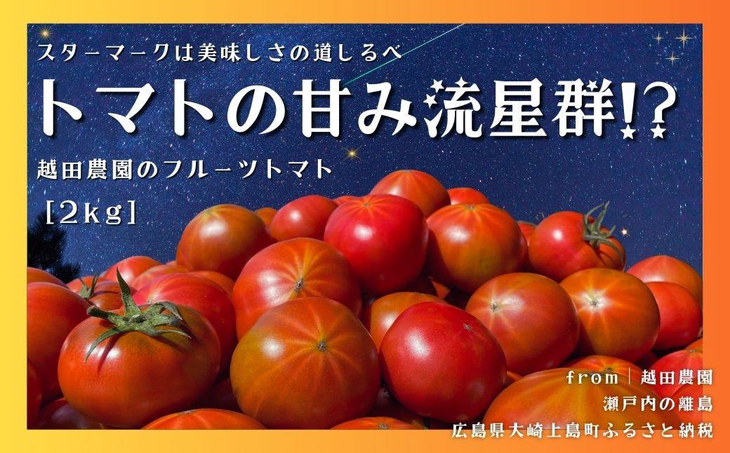 
[3〜6月発送] トマトの甘み流星群!? 越田農園のフルーツトマト 約2kg 広島県 大崎上島町 瀬戸内 離島 糖度8度以上
