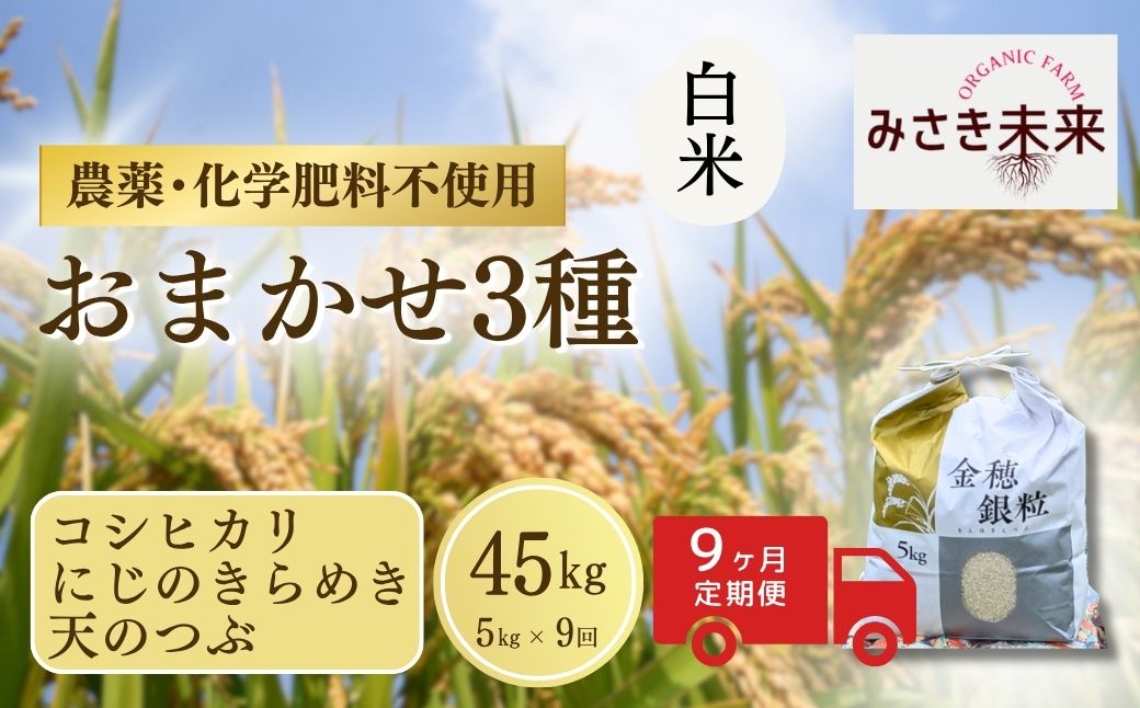 【先行予約】【9か月定期便】白米おまかせ3品種 各品種・計135kg (5kg×9回) 令和8年産 コシヒカリ・にじのきらめき・天のつぶ | 無農薬 農薬不使用 化学肥料不使用 精米 お米 米 こめ 