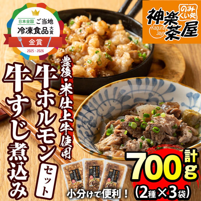 【ふるさと納税】豊後米仕上げ牛牛すじ煮込み＋牛ホルモン炒めセット(合計700g・3パック)牛肉 お肉 小腸 おかず おつまみ 小分け 簡単調理 時短 惣菜【111100301】【神楽茶屋】