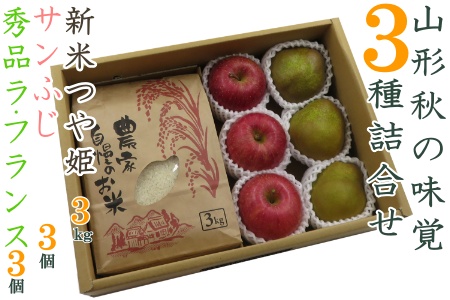 【2025年発送】山形秋の味覚3種詰合せ（新米つや姫3kg＆ラフランス・サンふじ各3個）_H125(R7)