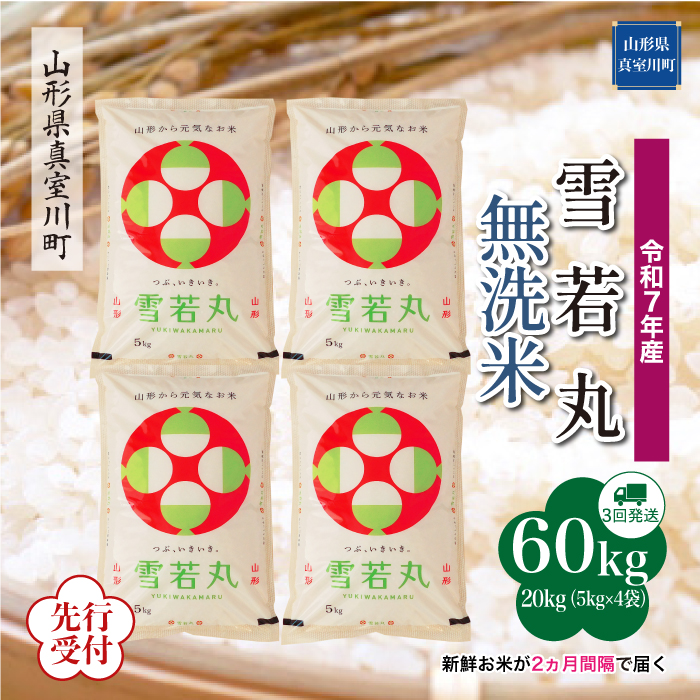 ＜令和7年産米先行受付＞ 真室川町産 雪若丸 【無洗米】60kg定期便(20kg×3回)　配送時期指定できます！
