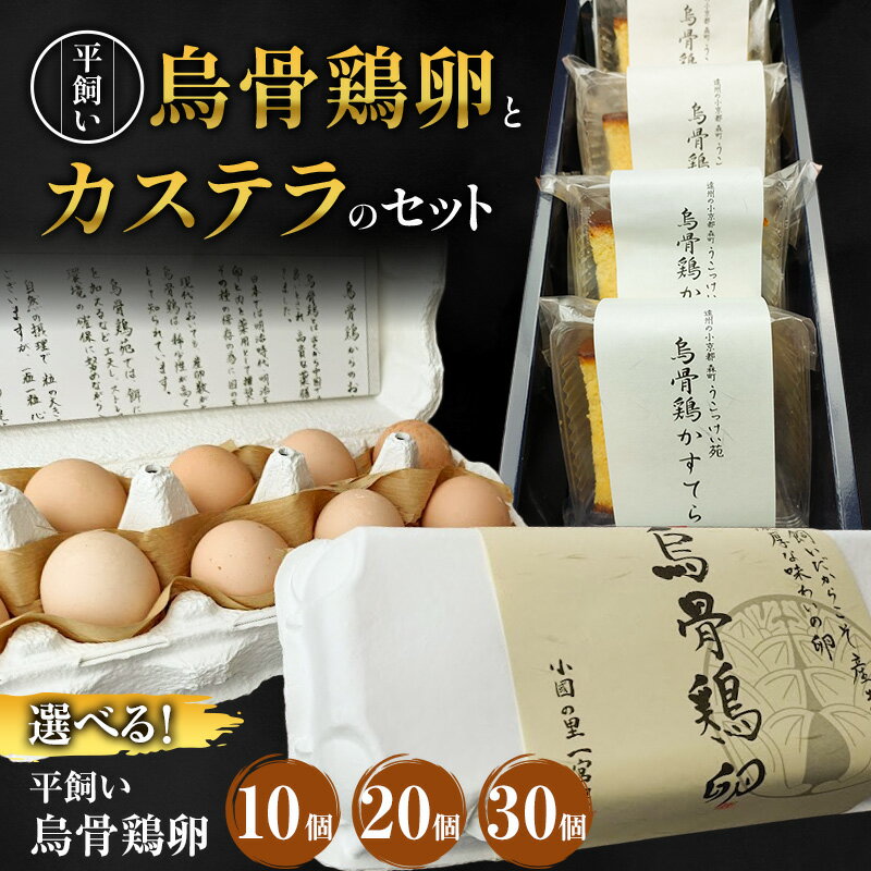 【ふるさと納税】平飼い烏骨鶏の卵10個～とカステラのセット 選べる容量【森町】たまご 生卵 タマゴ 卵 カステラ お菓子 静岡