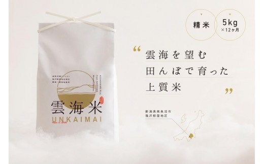 
                  新米予約【令和8年産】【定期便】「雲海米」南魚沼塩沢産コシヒカリ　精米5kg x 全12回【定期便 銘柄米 ブランド米 精米 こしひかり コシヒカリ 魚沼産 新潟米 お米 米】【2026年10月上旬から1ヶ月以内に順次発送予定】
                
