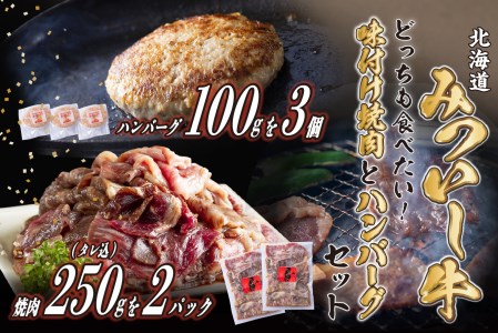 北海道産 味付け 焼肉 ＆ 北海道産 黒毛和牛 みついし牛 と ホエー豚 ハンバーグ 計 800g (250g×2パック タレ込 ＆ 100g×3枚)