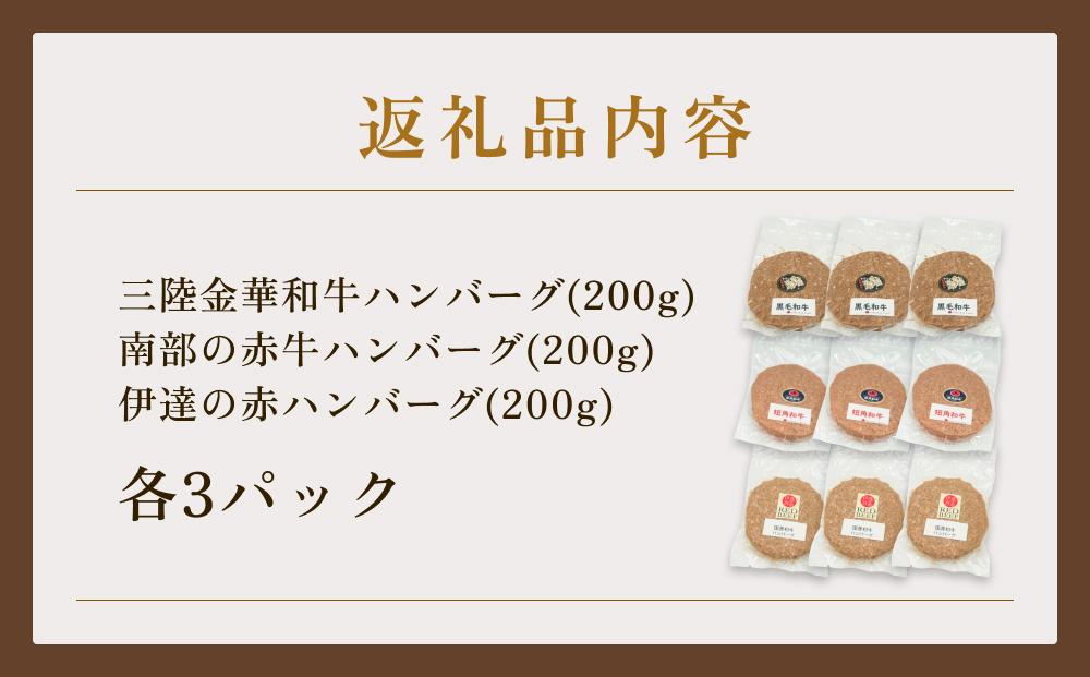 黒毛和牛 三陸金華和牛 南部の赤牛 伊達の赤 和牛ハンバーグ 3種 各200g×3 食べ比べ セット　お肉 ひき肉 挽肉 おかず 冷凍