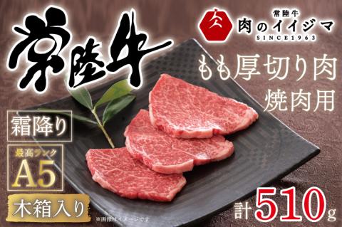 お中元 焼き肉 焼肉 ギフト プレゼント 内祝い お礼 出産祝い 黒毛和牛 常陸牛A5焼肉用霜降りもも厚切り肉 510g 内祝い 快気祝い 箱入り 熨斗 ふるさと納税 焼肉 ギフト ＜木箱入り・特製タレ付き＞ ギフト対応 【肉のイイジマ】 茨城県 水戸市（DU-35）