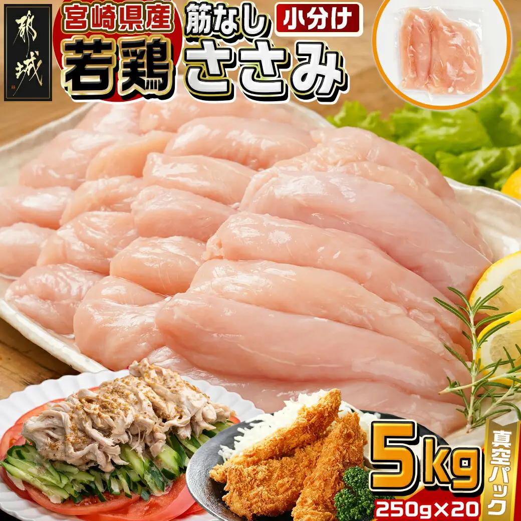 宮崎県産若鶏筋なしささみ5kg〔26-M601〕_(都城市)  宮崎県産若鶏 真空パック 筋なしささみ ささみチーズ ささみ梅肉 棒棒鶏等 サラダ 真空冷凍