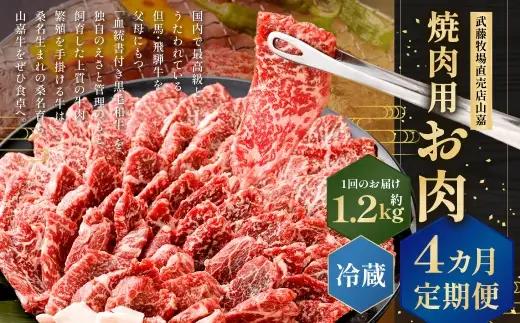 武藤牧場直売店山嘉 焼肉用お肉 約1.2kg×4回 合計4.8kg 【冷蔵 定期便4ヶ月】 ／ 牛肉 焼き肉 定期便 三重県 桑名市