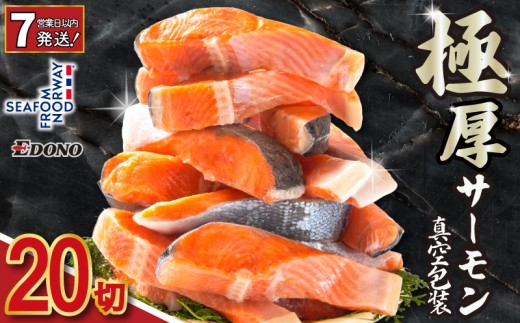 【スピード配送】 極厚 サーモン 20切 （ 2切 × 10パック ） ノルウェー トラウト さけ 鮭 しゃけ 厚切り 厚切 切身 切り身 冷凍 真空 パック 個別包装 小分け 個包装 肉厚 魚 焼き魚 焼魚 新鮮 魚介 魚貝 海鮮 酒 パウチ 脂のり 脂乗りギフト 旨み 切り落とし お取り寄せ 家庭用 おかず 弁当 送料無料 ふるさと納税 千葉県 銚子市 株式会社 エドノフーズ