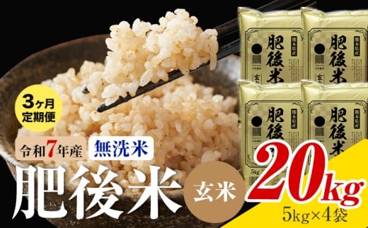 【3ヶ月定期便】熊本県産 肥後米 無洗米 玄米 20kg 1袋5kg 米 お米 令和7年産 九州産 熊本県産  送料無料《お申込み翌月に出荷予定》玄米 無洗米 米
