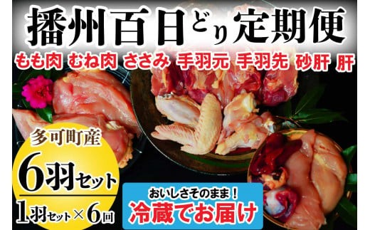 
播州百日どり １羽 セット ６回 定期便 [839] 鶏肉 もも肉 むね肉 ささみ 手羽先 手羽元 肝 砂肝 冷蔵
