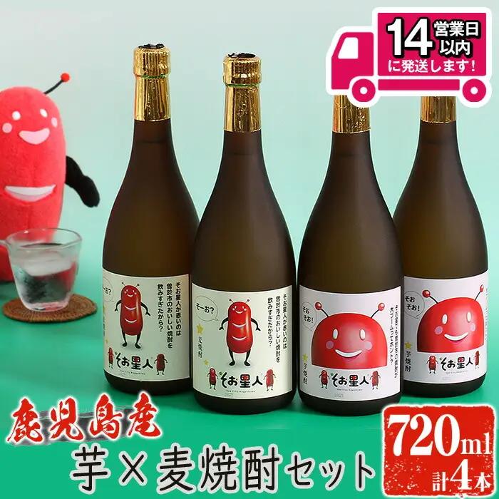 鹿児島曽於市の本格焼酎を飲み比べ そお星人の芋焼酎と麦焼酎セット 岩川醸造(720ml×4本) 芋焼酎 麦焼酎 飲み比べ【山元商店】A58-v01