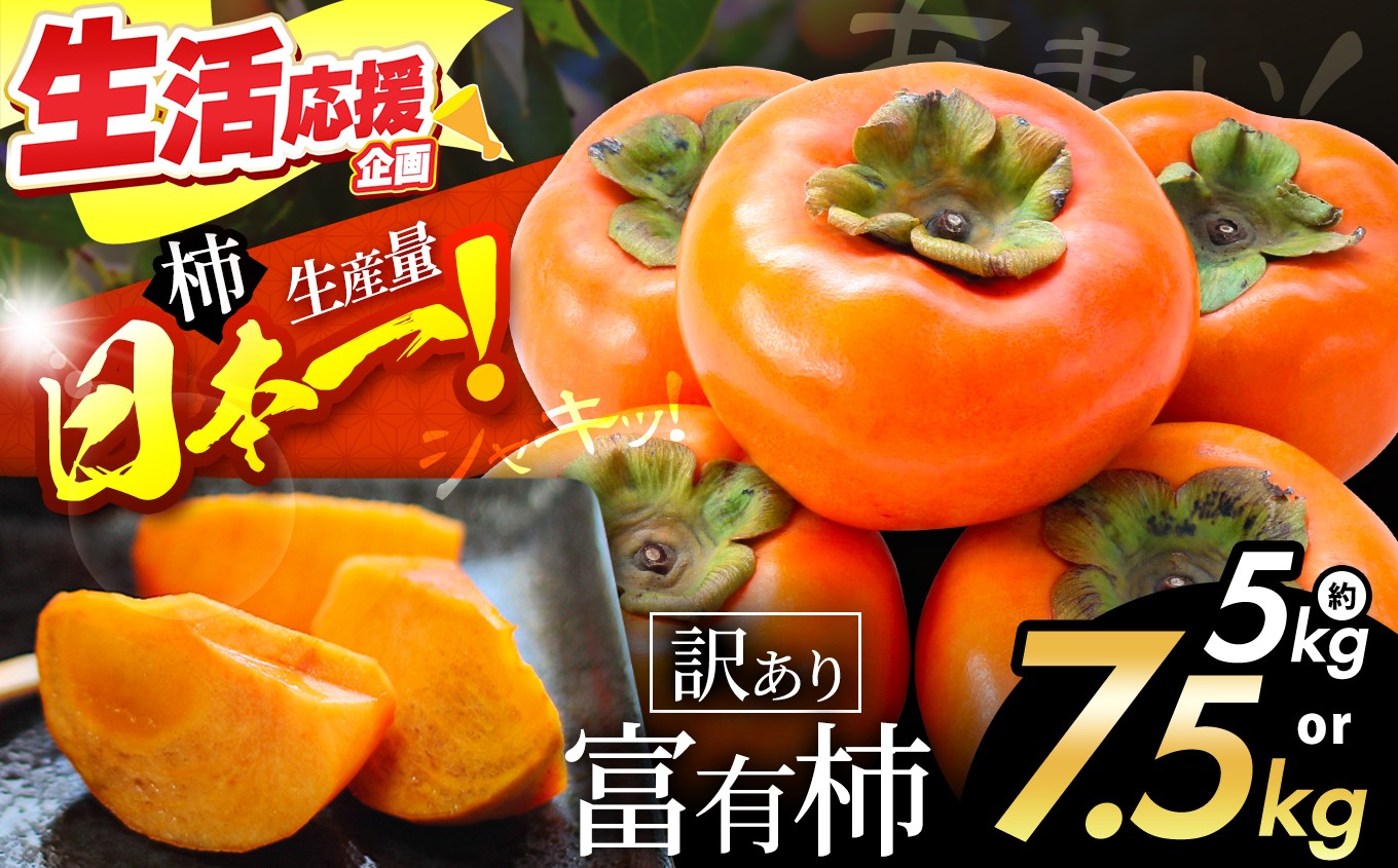 
                  シャキッと甘い！ 訳あり 富有柿 選べる 内容量 約 5kg / 7.5kg | フルーツ くだもの 果物 柿 かき カキ  奈良県 五條市 訳あり 家庭用 自宅用 どっさり たっぷり 種なし 種無し 種なし柿 産地直送 国産 人気 送料無料 グルメ お取り寄せ 大容量 ビタミン 食物繊維 豊富 秋 旬 奈良県 五條市
                