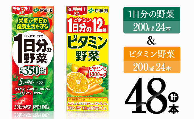 
            ビタミン野菜(紙)24本＋1日分の野菜(紙)24本 【 伊藤園 飲料類 野菜 ビタミン 野菜ジュース セット 詰め合わせ 飲みもの 】
          