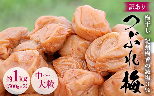 訳あり 無添加 梅干し 紀州梅香の減塩3%つぶれ梅 約1kg(500g x 2) 中～大粒 はねだし梅 紀州南高梅 産直) 3-G