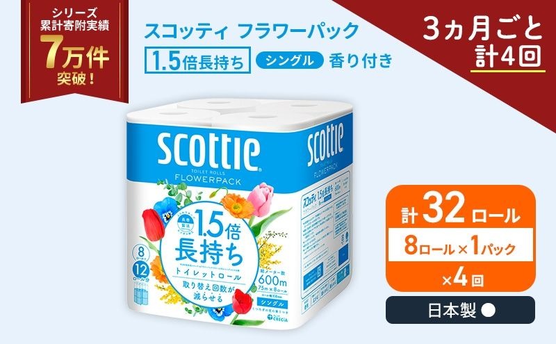 定期便 トイレットペーパー シングル スコッティ 1.5倍長持ち 8ロール × 1パック フラワーパック 香り付き《 3ヶ月ごと計 4回 》