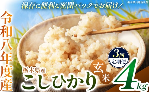 【定期便3回】令和8年度 新米 栃木県産 こしひかり 4kg 玄米 密閉パック | 栃木県 下野市
