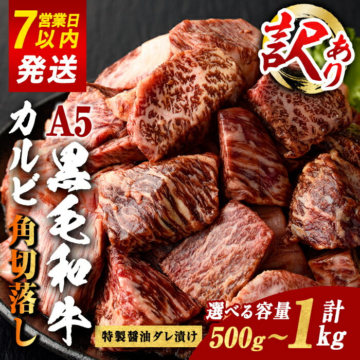 【ふるさと納税】＜ 訳あり＞ 国産 A5 黒毛和牛 カルビ 角切落し 特製醤油だれ漬け ＜ 選べる 容量＞ 計500g or 計1kg ｜ 牛肉 肉 国産 A5 黒毛和牛 和牛 カルビ 切り落とし 切落し 角 サイコロ 醤油だれ 真空 瞬間凍結 冷凍 ステーキ BBQ すぐ 届く すぐ届く スピード発送