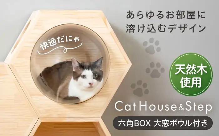 ペット 猫ハウス＆キャットステップ六角BOX 大窓ボウル付き ペット BLBY003