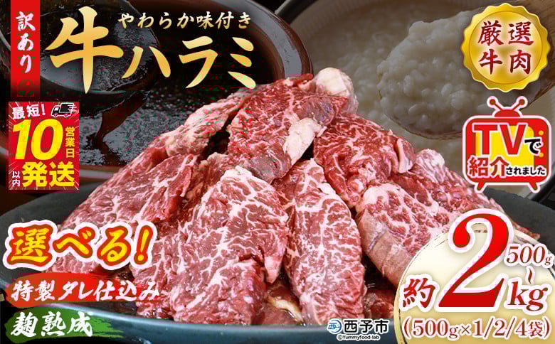 
                  TVで紹介！＜やわらか 味付き 牛ハラミ 約500g～2kg＞ テレビ TV 特製タレ漬け 麹熟成 訳あり 選べる味付け 数量 牛肉 肉 はらみ ハラミ 赤身 大容量 おかず 焼くだけ 簡単 焼肉 バーベキュー 丸和 愛媛県 西予市【冷凍】『最短10営業日以内に順次出荷』
                