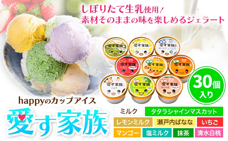 愛す家族 カップアイス 30個入り 選べるフレーバー 笠岡ジェラート 工房ハッピーのカップアイス ハッピー＆甲和株式会社 ジェラート アイス ミルク たたらシャインマスカット 清水白桃 いちご  瀬戸内バナナ マンゴー 岡山県 笠岡市---C-05a---