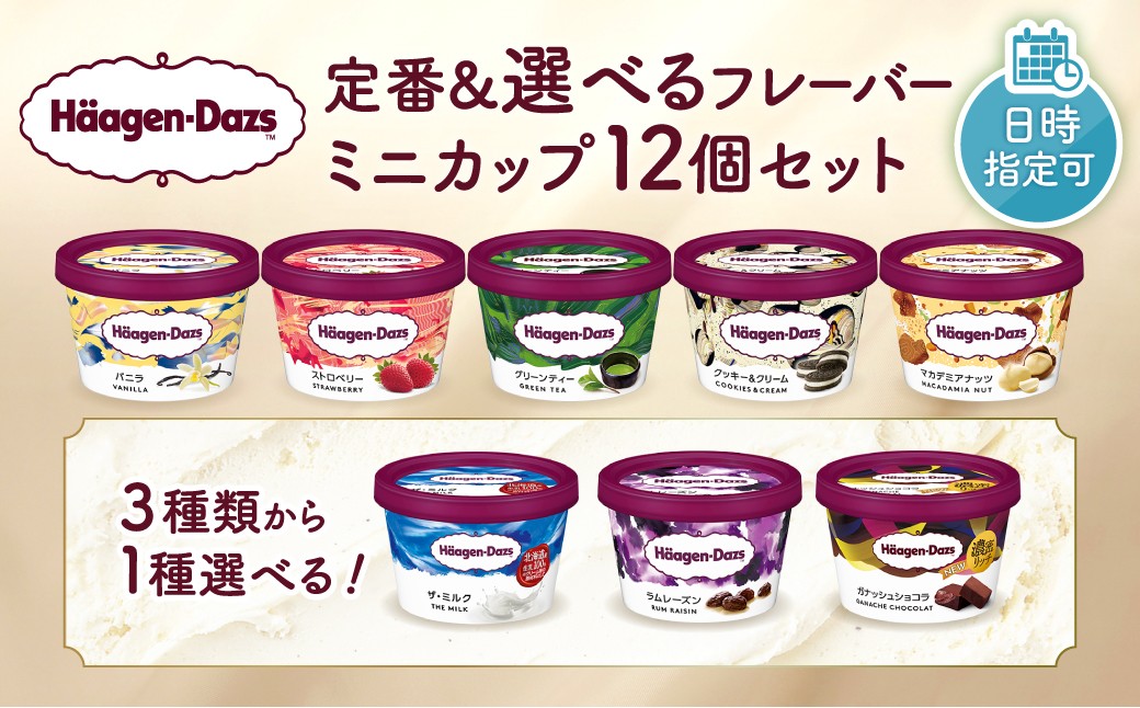 【3種類から選べる!!】【着日指定可】 ハーゲンダッツ『ミニカップ12個セット(定番＆選べるフレーバー)』 アイスクリーム アイス スイーツ デザート あいすくりーむ あいす 12個 冷凍 ギフト プレゼント 北海道 浜中町_H0016-114-SKU