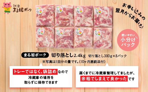 定期便【10ヶ月】まる姫ポーク 切り落とし2.4kg（300g×8パック）×10回（計24kg）