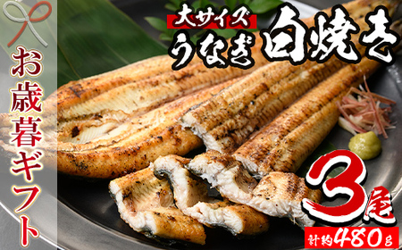 【令和7年お歳暮対応】厳選！ 国産 鹿児島県産 うなぎ 白焼き 大 3尾 約480g  贈答 ギフト にも！【南竹鰻加工】【SB-039H】