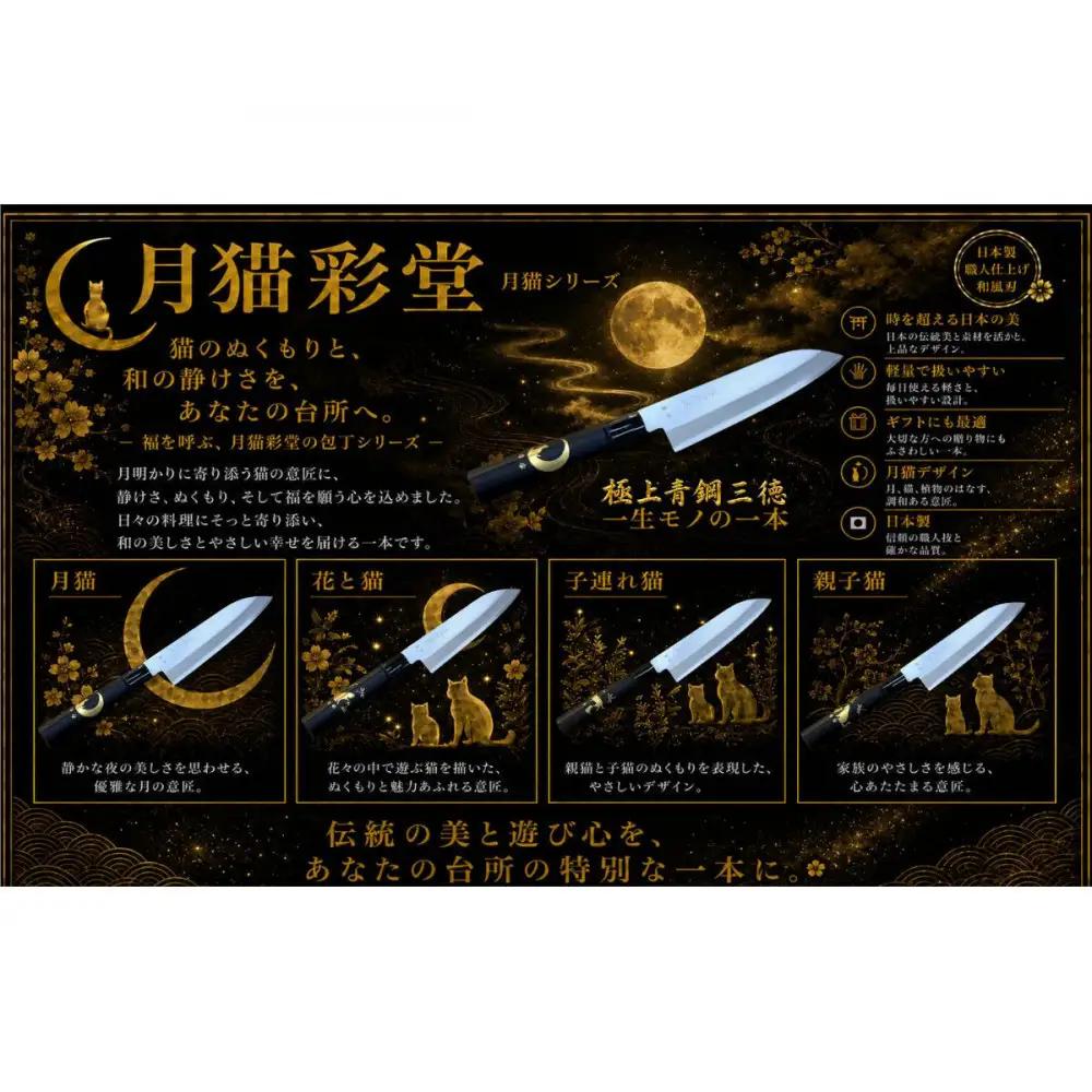 月猫彩堂　極上安来青鋼1号　三徳万能包丁　子連れ猫＜和風レトロモダン＞　木製ハンドル