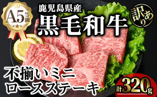 【訳あり】鹿児島県産A5等級黒毛和牛不揃いロースミニステーキ (計320g) 黒毛和牛 ロースステーキ 冷凍【KNOT】 A640