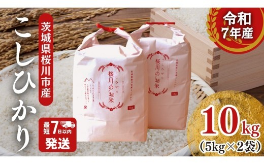 
                  ＼スピード出荷／ 令和7年産 茨城県 桜川市産 こしひかり10kg（5kg×2袋） スピード 最短 7日 すぐ届く すぐ発送 スピード発送 早い 米 お米 白米 コメ ごはん 精米 コシヒカリ 国産 限定 銘柄米 [SC050sa-sp]
                