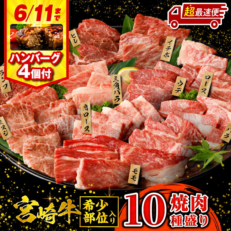 【ふるさと納税】【父の日までにお届け】《発送時期が選べる》【期間・数量限定】宮崎牛焼肉10種盛り合わせ・国産牛ハンバーグ100g×4個 宮崎牛 焼肉 10種 盛り合わせ 食べ比べ セット 焼肉セット 贈答用 贈り物 ギフト 牛肉 お肉 国産 国産牛 人気《レビューキャンペーン》