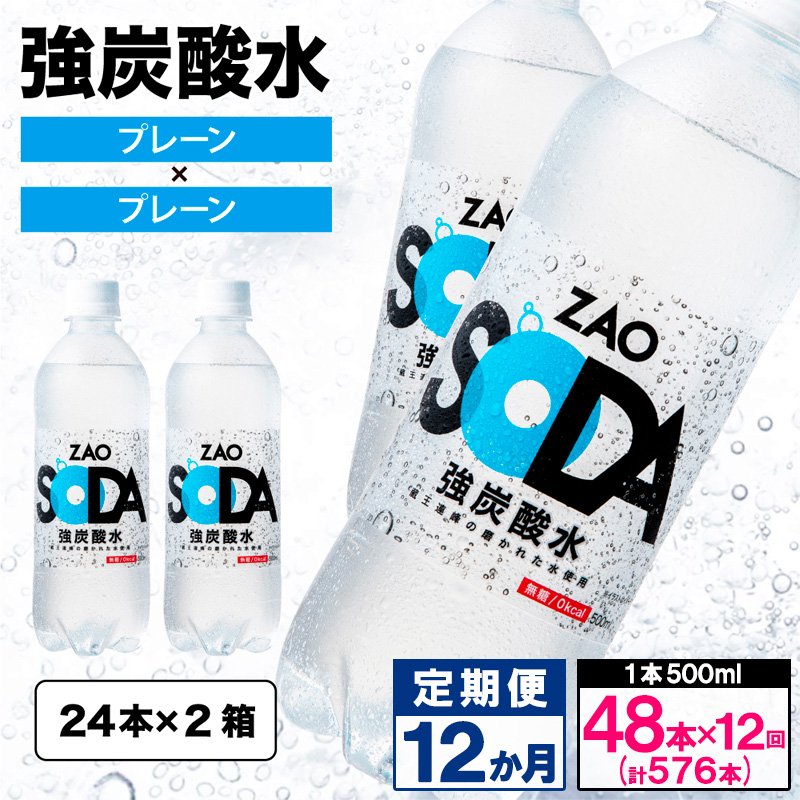 【定期便12回】ZAO SODA 強炭酸水500ml×48本×12か月 計576本[プレーン] FY24-239 プレーン(48本×12か月)