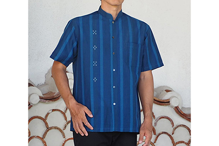 みんさー織 総手織りマオカラーシャツ（藍ストライプ）Mサイズ AZ-77